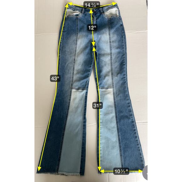 Madden NYC Junior's Patchwork ULTRA High Rise Flare Boot Cut Blue Jeans Sz 11 - Picture 7 of 10